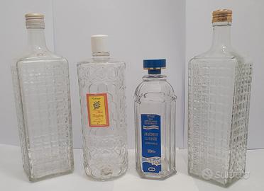 set di 4 bottiglie in vetro decorato vintage 