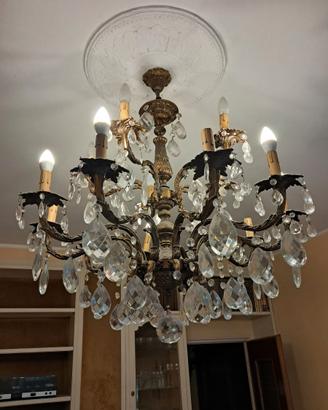 Lampadario in bronzo goccie cristallo vintage