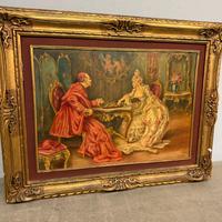 Dipinto olio su tela Cardinale e Dama giocano