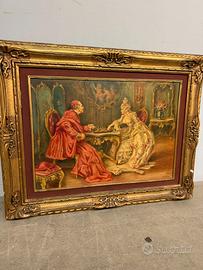 Dipinto olio su tela Cardinale e Dama giocano