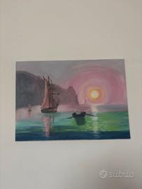 Quadro tramonto sul mare con barche