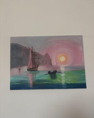Quadro tramonto sul mare con barche