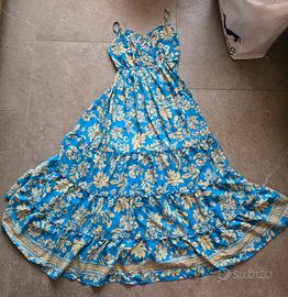 Abito lungo floreale blu e beige Boho Fashion