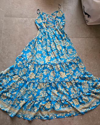 Abito lungo floreale blu e beige Boho Fashion