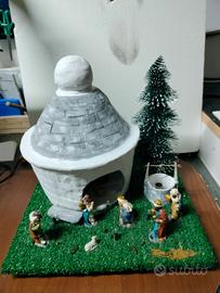 Presepe Trullo artigianale con luci e personaggi 