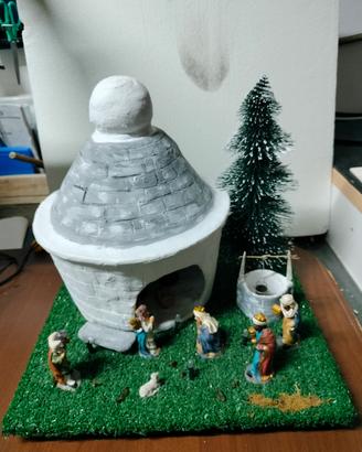 Presepe Trullo artigianale con luci e personaggi 