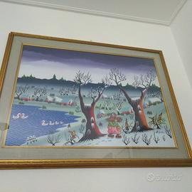 Quadro dipinto naif Di Pietro paesaggio invernale