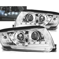FARI SKODA FABIA 99-07 LUCE DIURNA LED FONDO CROMA
