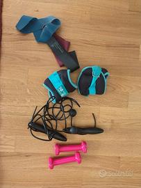 peso 0.5kg, cavigliere 1kg, bande elastiche, corda