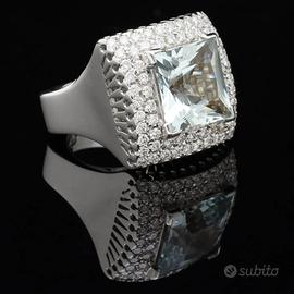 ANELLO COCKTAIL PVG ORO 18KT BRILLANTI ACQUAMARINA