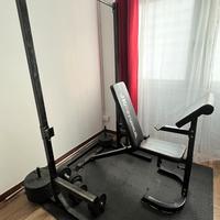 Rack, bilanciere, panca, dischi, manubri