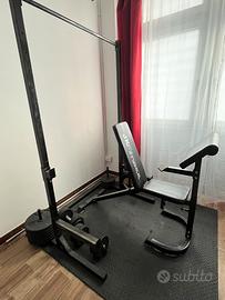 Rack, bilanciere, panca, dischi, manubri