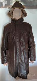 Parka pelle lungo con cappuccio bordato pelliccia