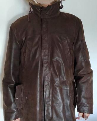 Parka pelle lungo con cappuccio bordato pelliccia