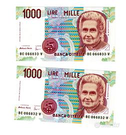 1000 LIRE MONTESSORI X2 BANCONOTE CONSECUTIVE