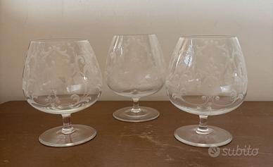 3 bicchieri "balloon" cognac vetro Murano inciso