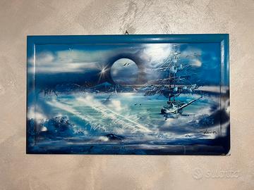 Quadro blu soggetto mare spray su legno