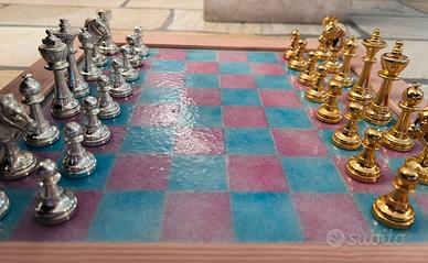 Scacchiera in vetro e metallo dorato/argento