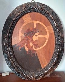 Quadro antico ovale, intarsio, Cristo e innamorati