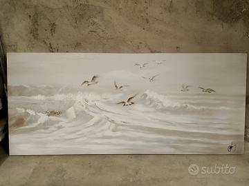 Quadro Tela gabbiani mare e glitter 65x150
