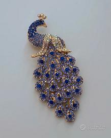 Spilla Gioiello Pavone Strass Blu