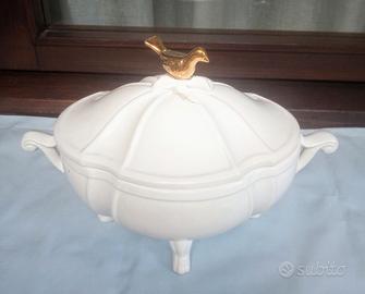 Zuppiera in ceramica con uccellino dorato