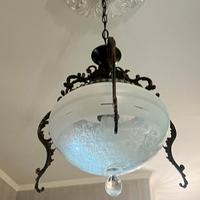 lampadario d'epoca in bronzo e vetro inciso