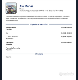 Pizzaiolo, aiuto pizzaiolo, aiuto cuoco