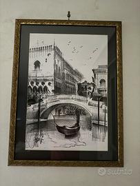 Disegno a carboncino "Venezia, ponte con gondola",