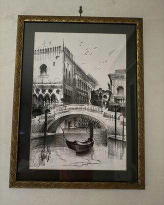 Disegno a carboncino "Venezia, ponte con gondola",