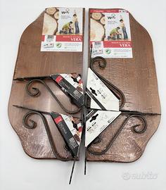 2 mensole abete massiccio + 4 staffe ferro battuto