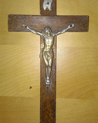 Crocifisso da parete vintage in legno e metallo