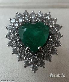 ANELLO CUORE ORO 18kt. DIAMANTI SMERALDO COLOMBIA