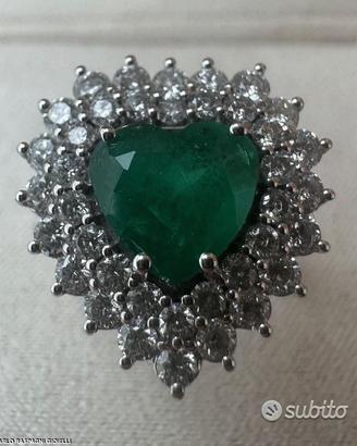 ANELLO CUORE ORO 18kt. DIAMANTI SMERALDO COLOMBIA