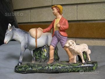 Statuine per presepe antiche, asino bimbo cane