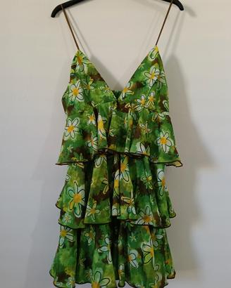 Vestito Sheim verde a balze con stampa margherite