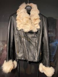 Giacca chiodo Halfon in pelle nera e volpe - Tg 42