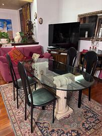 Tavolo cristallo con base in pietra più 4 sedie