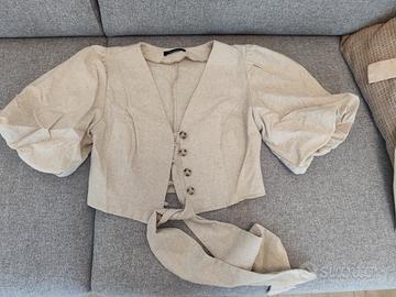 Top cropped Trendyol beige, maniche a palloncino