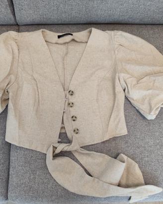 Top cropped Trendyol beige, maniche a palloncino