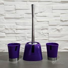 Set bagno viola: scopino + due bicchieri multiuso
