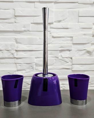 Set bagno viola: scopino + due bicchieri multiuso
