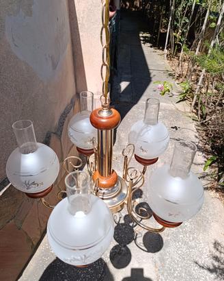 Lampadario a 5 bracci in Ottone e Vetro Satinato