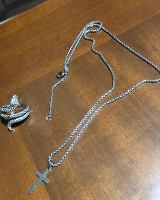 Collana c/croce 60 cm in acciaio+ anello serpente