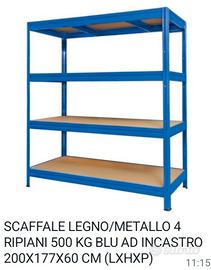 SCAFFALE LEGNO/METALLO 4 RIPIANI 500 kg BLU AD INCASTRO 200x177x60 cm  (LxHxP)