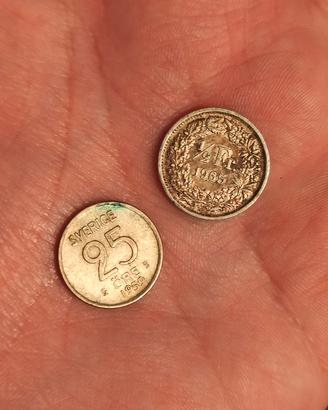 2 MONETE ARGENTO 1/2 FRANCO SVIZZERA 1965 25 ORE S