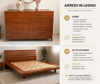 Camera da letto, armadio, comò e comodini in legno