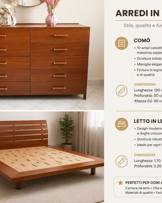 Camera da letto, armadio, comò e comodini in legno