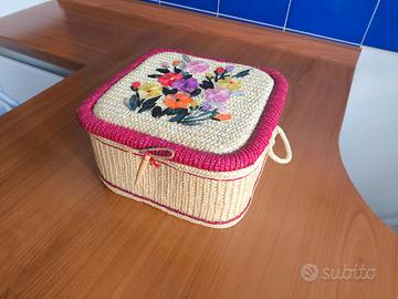 Cestino cucito paglia rafia vintage fiori
