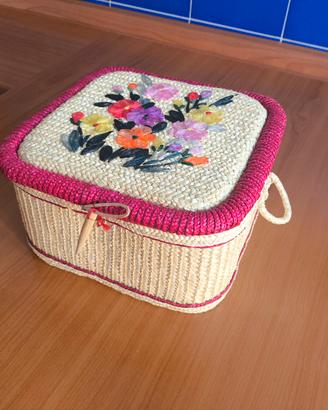 Cestino cucito paglia rafia vintage fiori